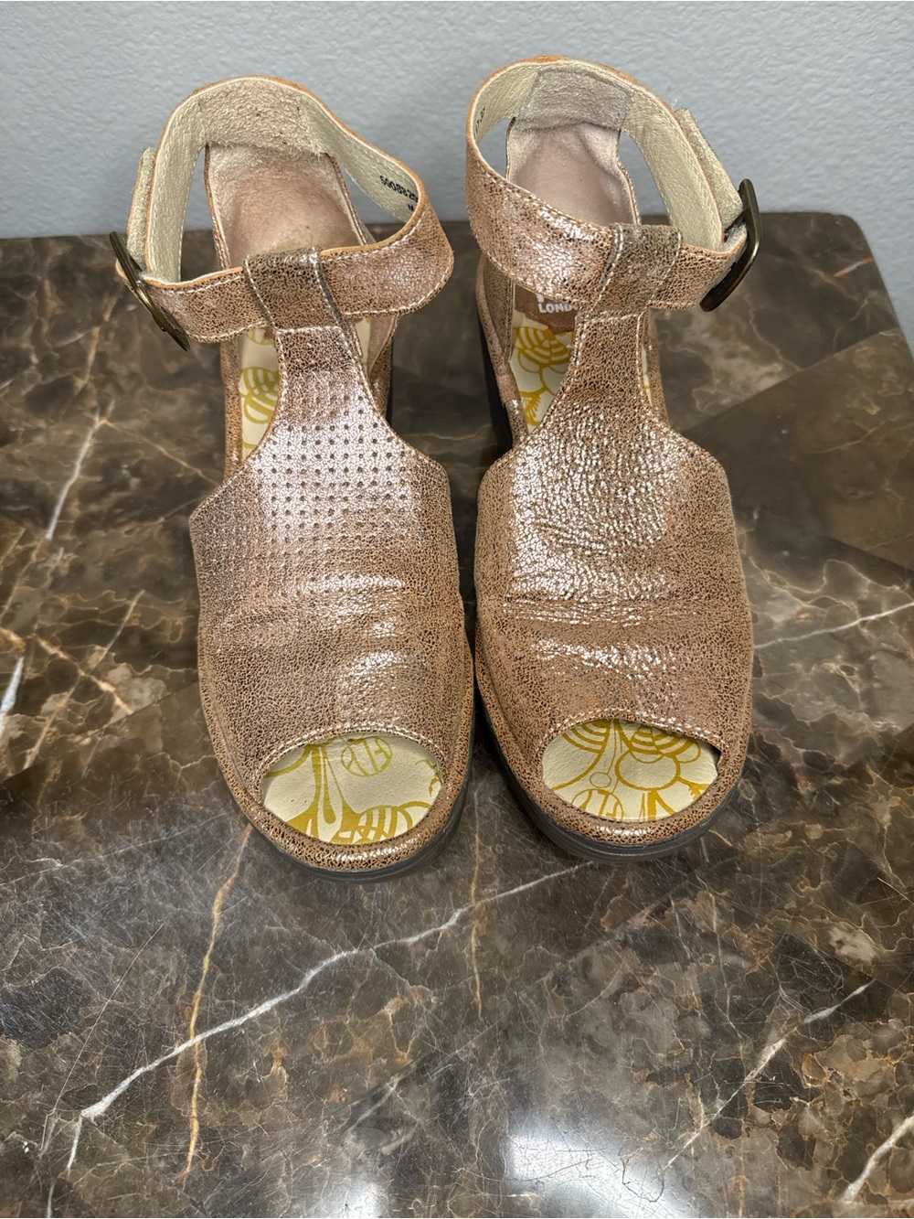 Fly London Metallic Rose Gold T-Strap Wedge Sandals